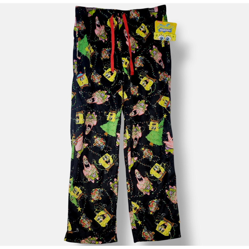 Nickelodeon SpongeBob Pajama Pants Unisex L Black Fleece Christmas Lounge‎ New
